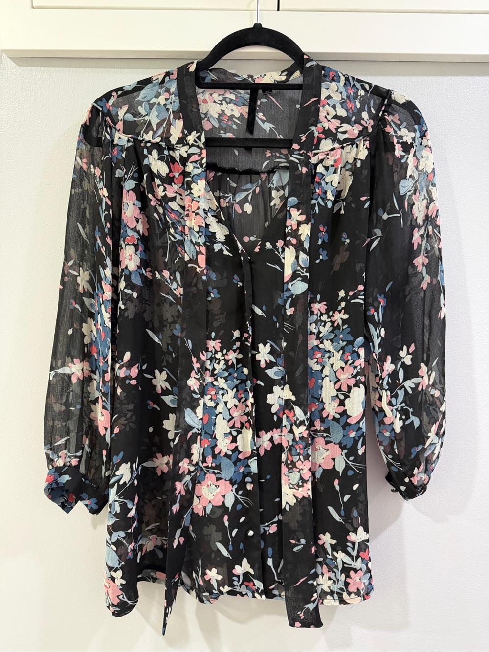Bellatrix Black Sheer Floral Tie-Neck Blouse with Pink & Blue Blooms
